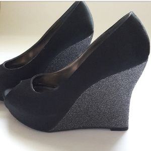Nina Shoes | Black Satin Wedges